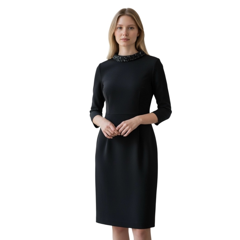 TALBOTS Sequin Collar Detail Dress, A-Line, 3/4 Sleeves, Fit &‎ Flare, Black, 2P